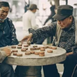 four men playing a board game socialising