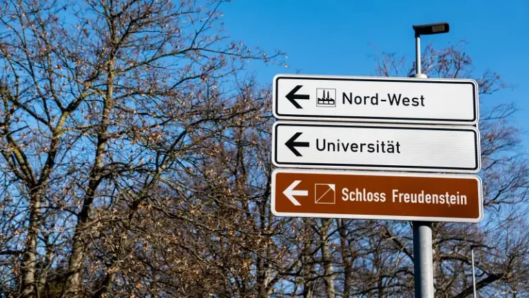 A street sign pointing towards a german university