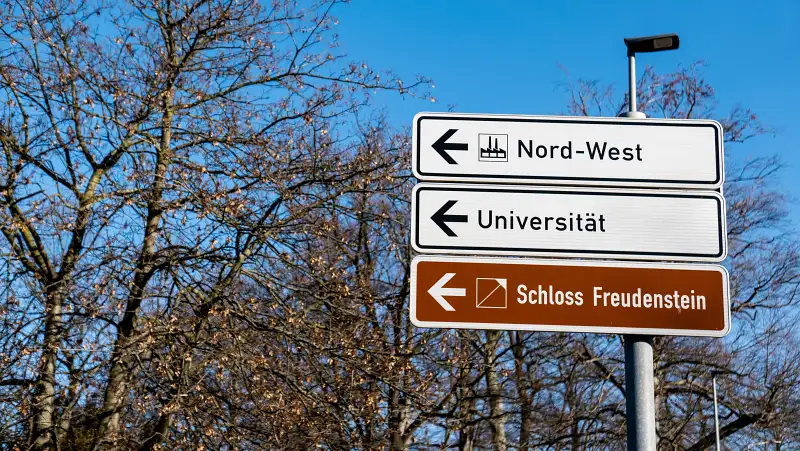 A street sign pointing towards a german university