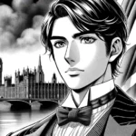 A manga black and whote image of an imaginary prime minister with the houses of parliament in the background