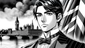 A manga black and whote image of an imaginary prime minister with the houses of parliament in the background