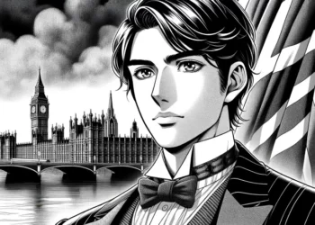 A manga black and whote image of an imaginary prime minister with the houses of parliament in the background