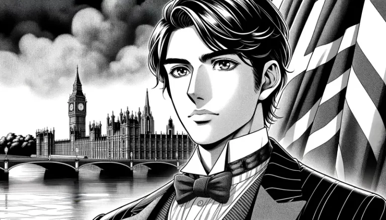 A manga black and whote image of an imaginary prime minister with the houses of parliament in the background