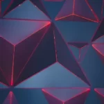 An abstract pattern of triangles in grey, purple and red hues