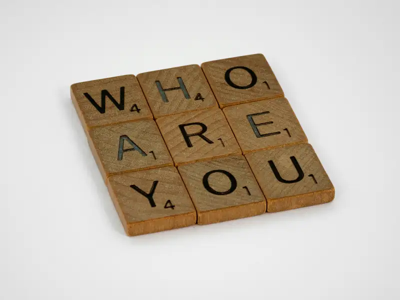 9 squares in rows of 3 which read 'who are you' - identity