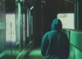 a hooded person walking through a dark tunnel