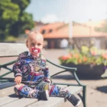 A toddler sat on a public bench on a sunny day with a pacifier / dummy in its mouth