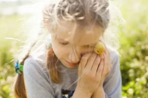 A child seeking comfort from a little yellow duckling