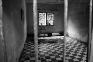 A prison cell in black and white