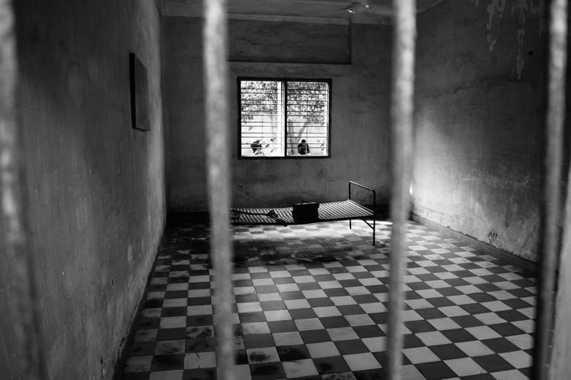 A prison cell in black and white