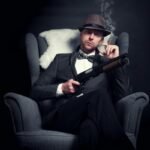 A corporate crime gangster in the back of car with a cigar