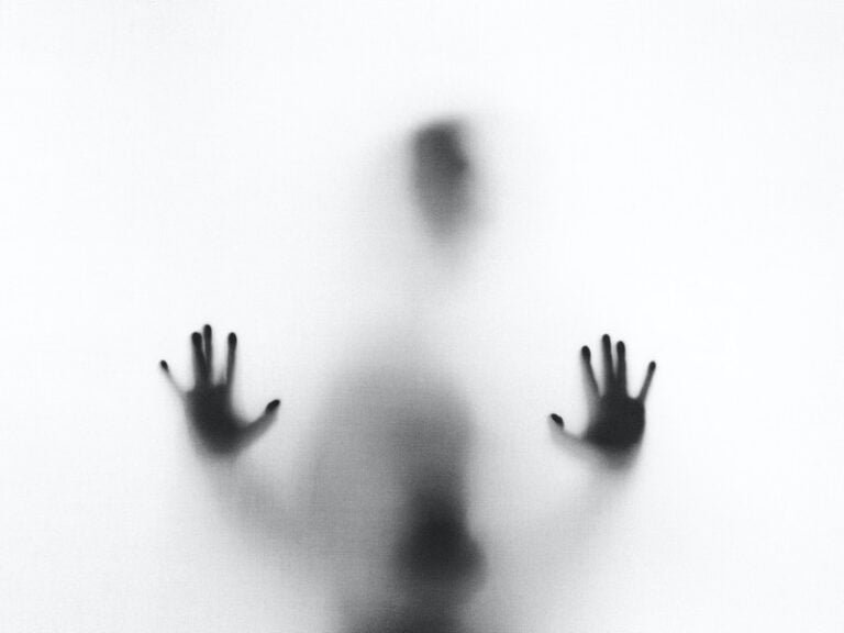 A figure behind a white screen