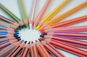 A circle of coloured pencils