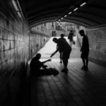 black and white image of people donating money to a homeless person sat on the floor in an underpass