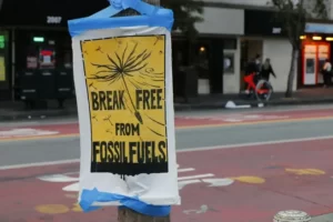 A poster stating 'break free from fossil fuels' attached to a lamp post.