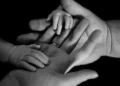 a black and white shot of an adult hands and baby hands family