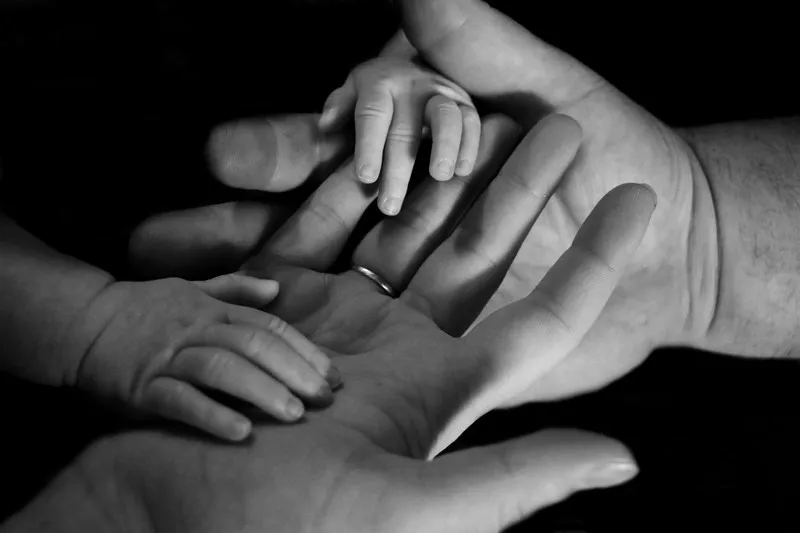 a black and white shot of an adult hands and baby hands family