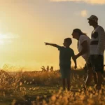 A family out in a field at sunset