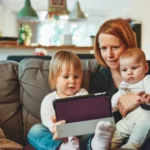 a woman with two children