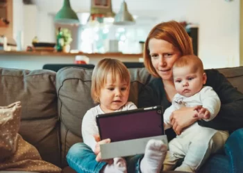 a woman with two children