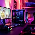 A PC with a video game displayed on screen