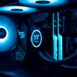 The inside of a pc lit up in blue