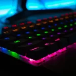 A gaming keyboard at night
