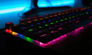 A gaming keyboard at night