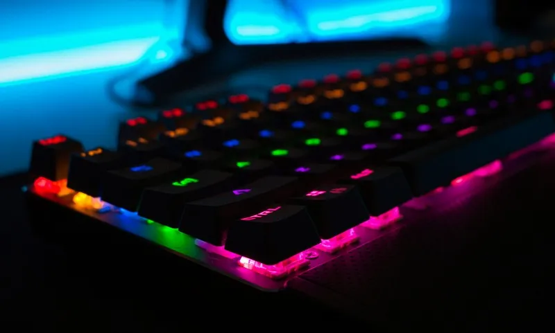 A gaming keyboard at night
