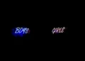 neon signs on a black background with the word 'boys' written in blue and 'girls' written in pink.