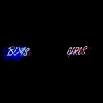 neon signs on a black background with the word 'boys' written in blue and 'girls' written in pink.