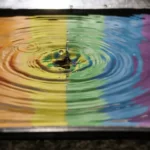 A rainbow image reflected in a rippling puddle