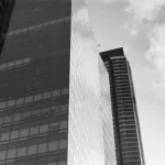 black and white image of a business district