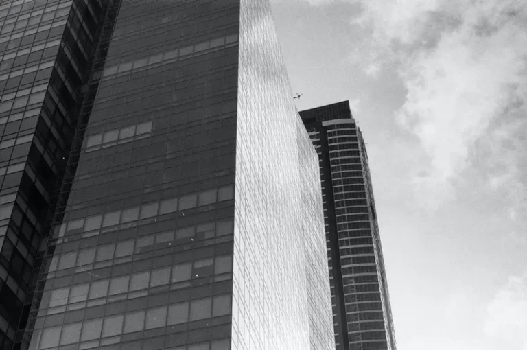 black and white image of a business district