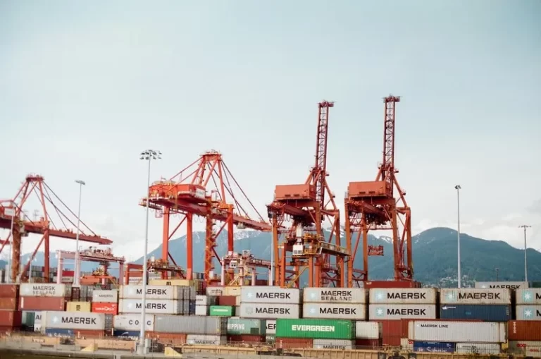 A row of shipping cranes in a port
