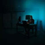 a person engaged in online activism in a dark room