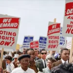 Protestors holding placards sdemanding the right to vote in democracy