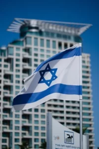 An Israeli zionist star of david flag