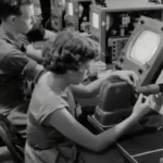 Black and white shot of a female machine operator from the 1950's automation