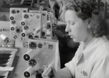 Women assembling technology items in the 1950's using the forces of production