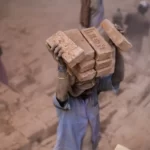A man carrying a large pile of bricks