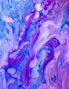 An abstract liquid art with swirling hues of pink, blue, and purple