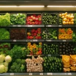 Rows of fruit and vegetables in a market