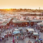 An overhead shot of a market place at sunset.