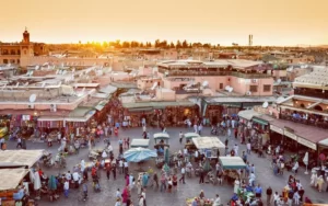 An overhead shot of a market place at sunset.