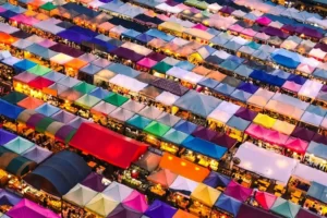 A colourful and vibrant marketplace viewed from above