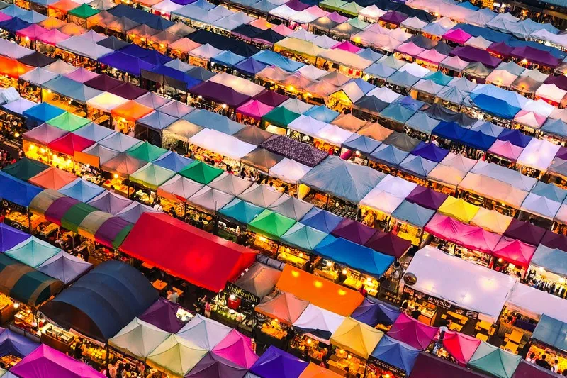 A colourful and vibrant marketplace viewed from above