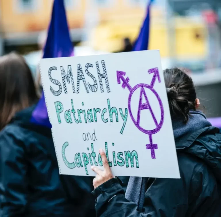 a protestor holding a placard saying 'smash the patriarchy and capitalism'