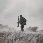 a black and white shot of a lone soldier walking across the tundra