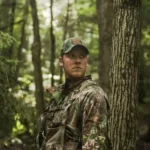 a soldier in the forest stood next to a tree